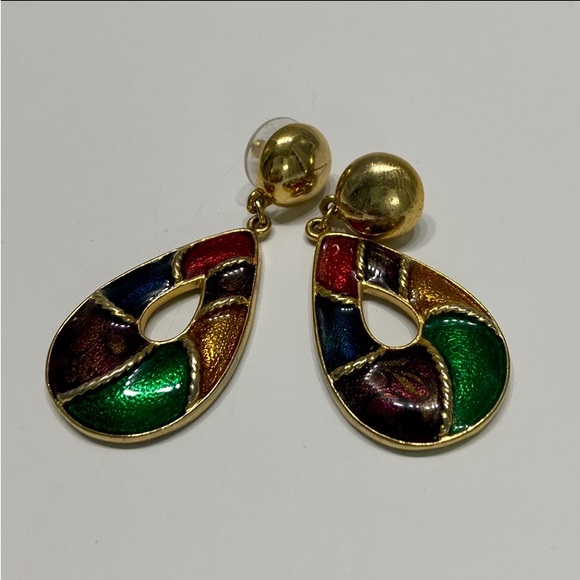 Gold-toned Teardrop Muli-colored Dangle Statement Earrings - Picture 9 of 9